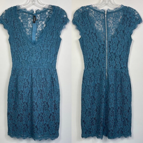 Aritzia Babaton Tobias Eyelash Lace Mini Cocktail Dress with Pockets in Teal 2 - Picture 2 of 12